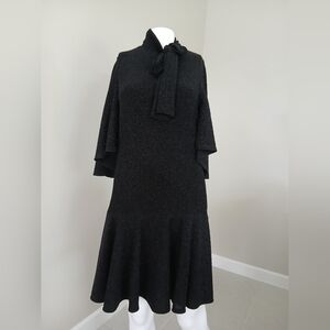 Black Halo, Sparkly Black Fit and Flare Dress with Bell Sleeves